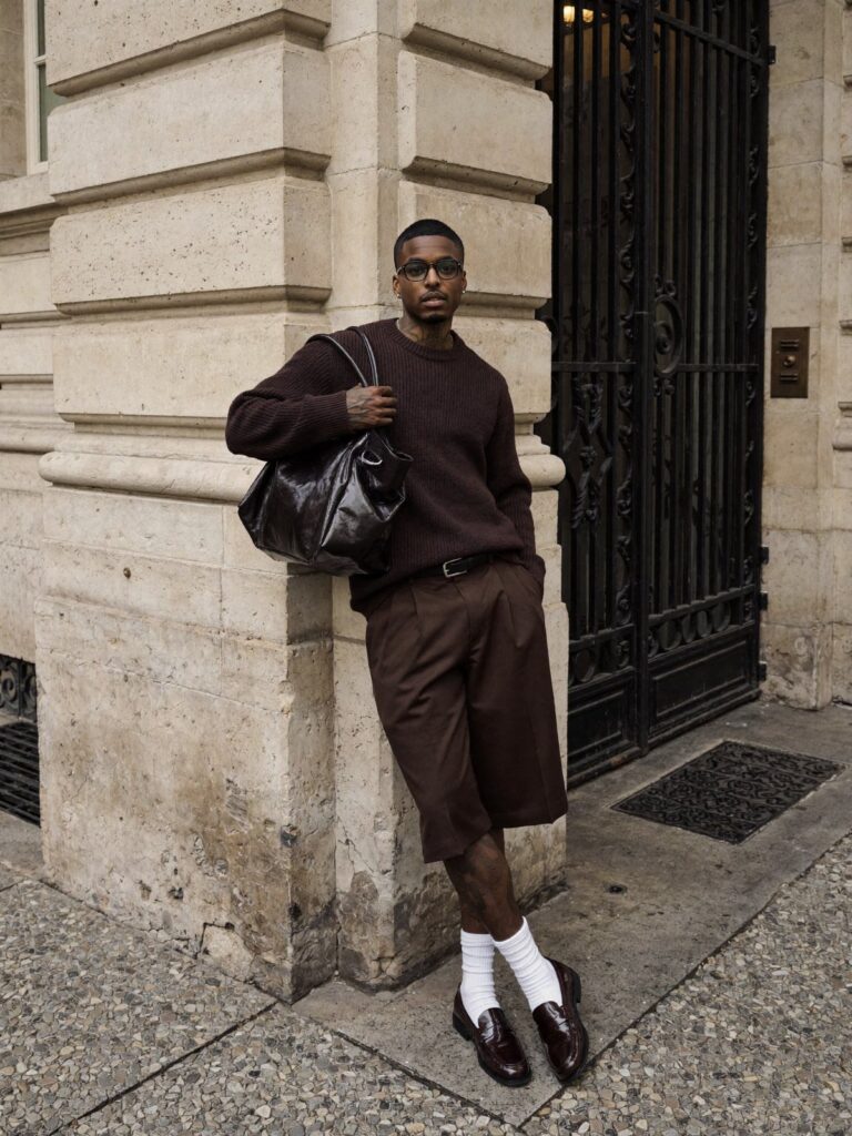 A man in a brown sweater and shorts leans against a stone wall.