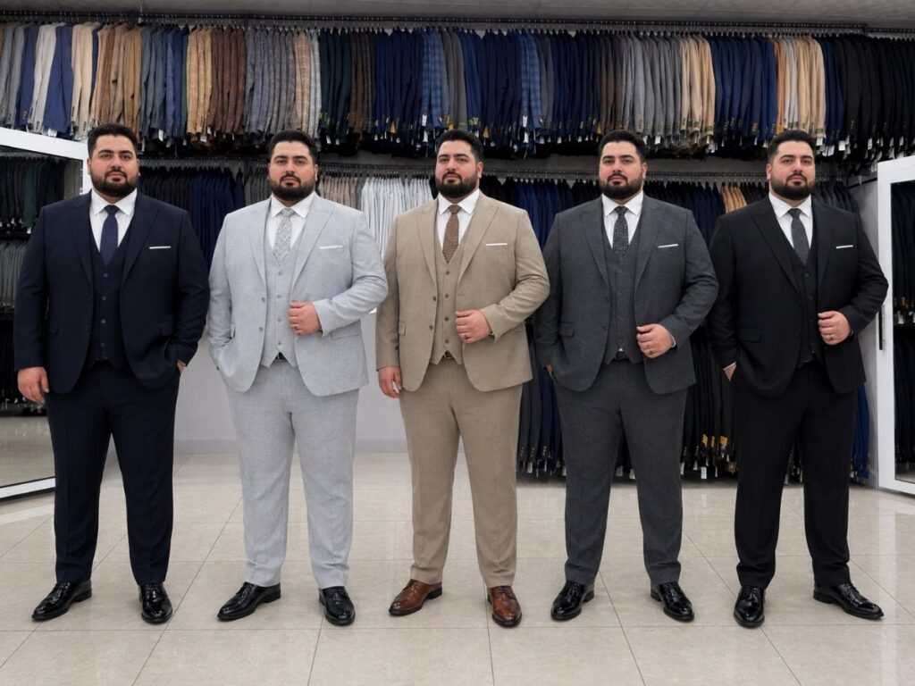 Five large men posing in various colored tailored suits in a clothing store.