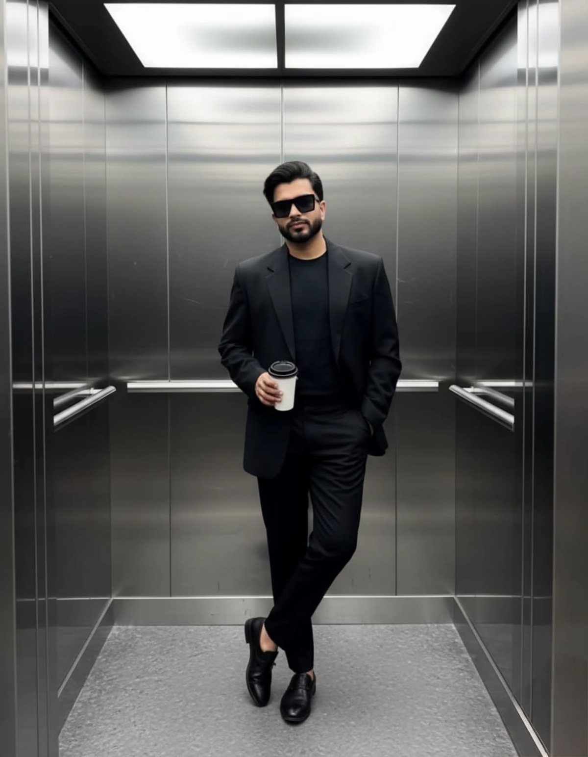 Man in a black t-shirt and blazer posing in a metallic elevator.