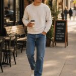 Man walking on a city sidewalk wearing a beige sweater and blue denim jeans.