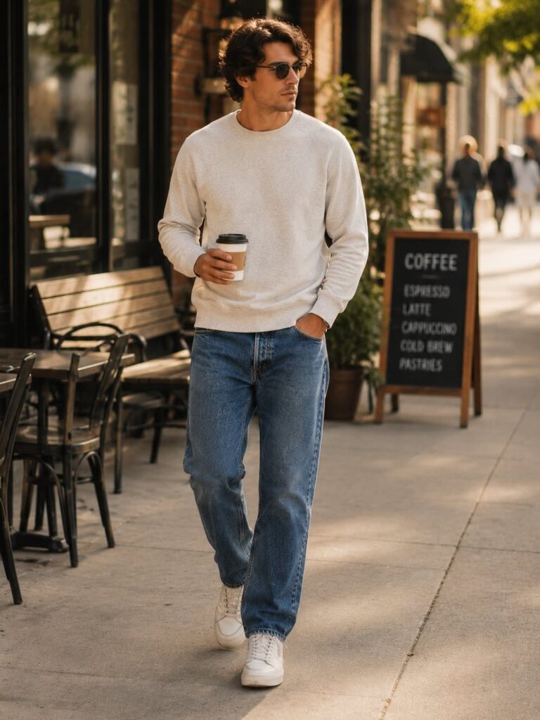 Man walking on a city sidewalk wearing a beige sweater and blue denim jeans.