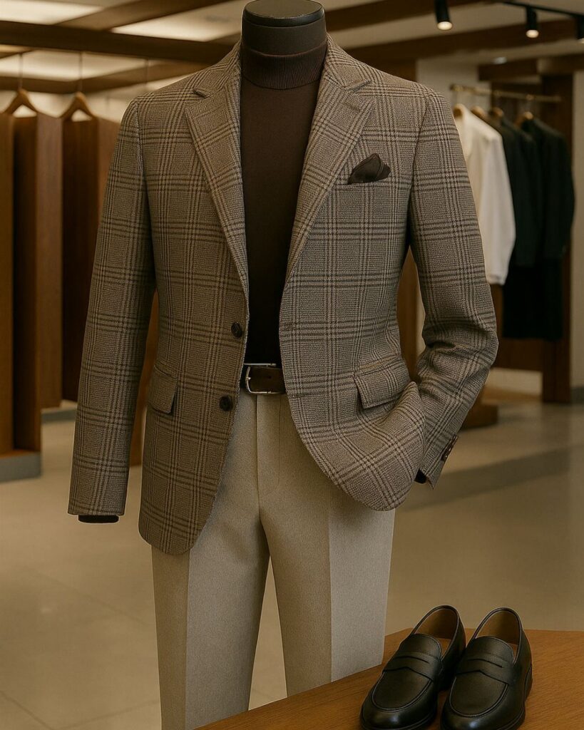 A patterned grey wool blazer displayed on a mannequin with beige trousers and black loafers.