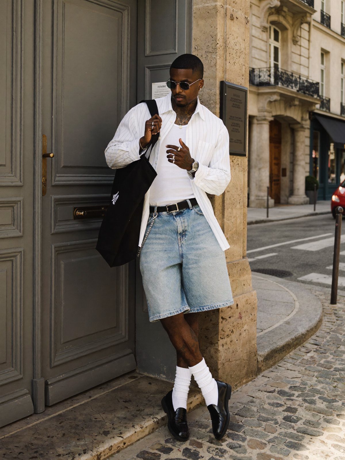 Man wearing light-wash denim shorts, white shirt, white socks, and black loafers standing outdoors.