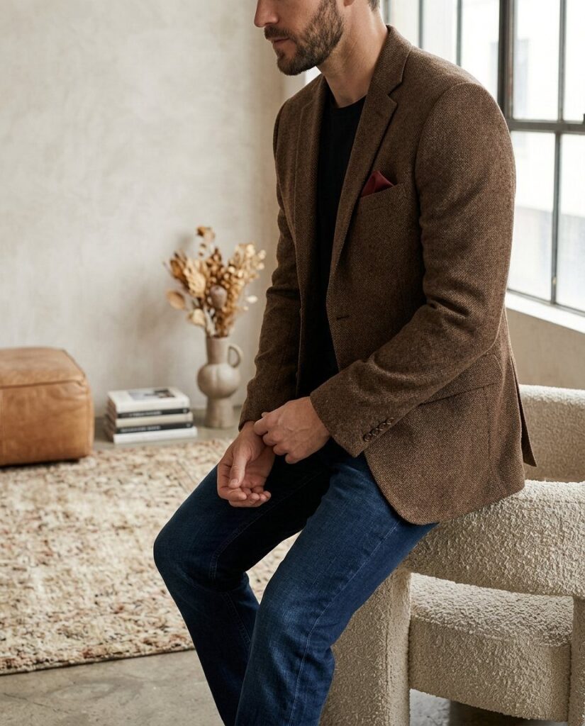A man wearing a brown textured blazer and dark blue jeans sitting on a cream armchair.