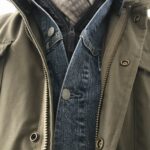 Layered clothing including an olive parka, denim jacket, and a grey scarf.
