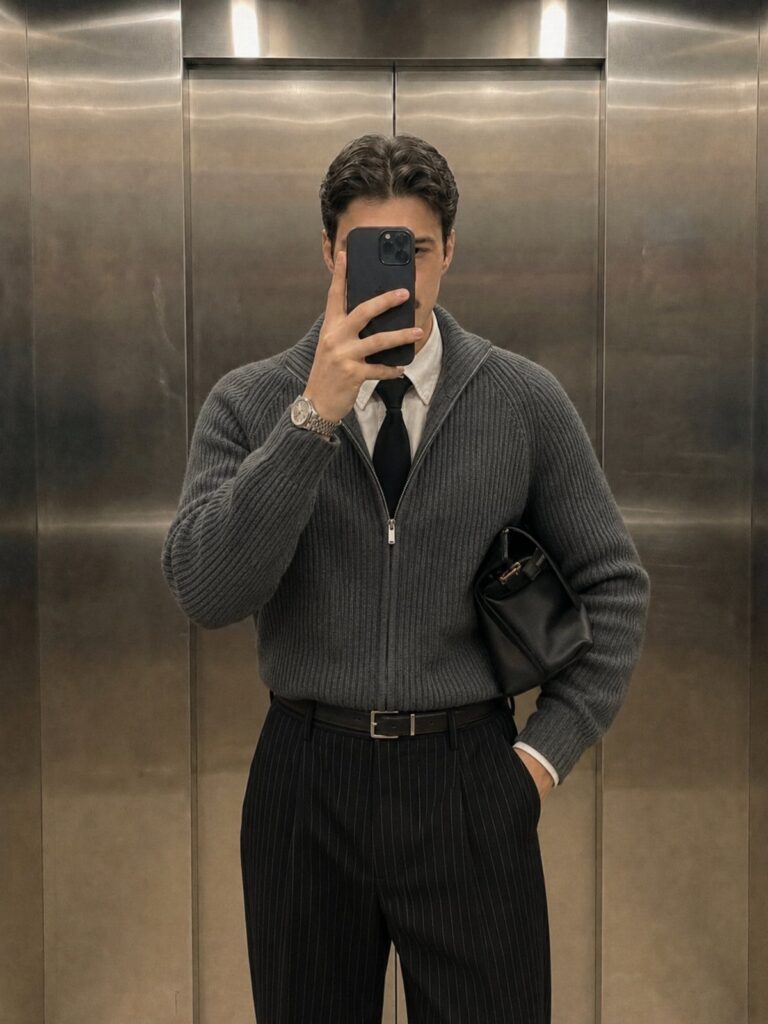 Man in a grey ribbed sweater, white shirt, and black tie posing in an elevator.