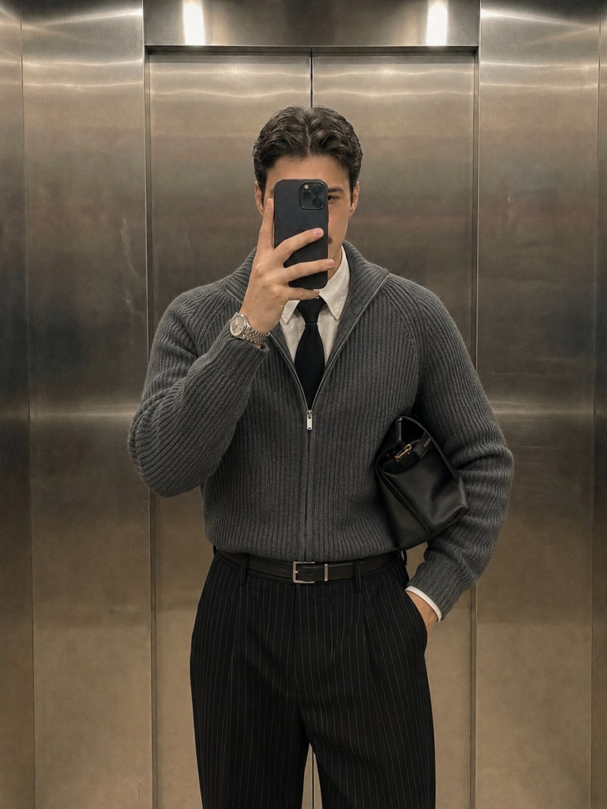 Man in a grey ribbed sweater, white shirt, and black tie posing in an elevator.