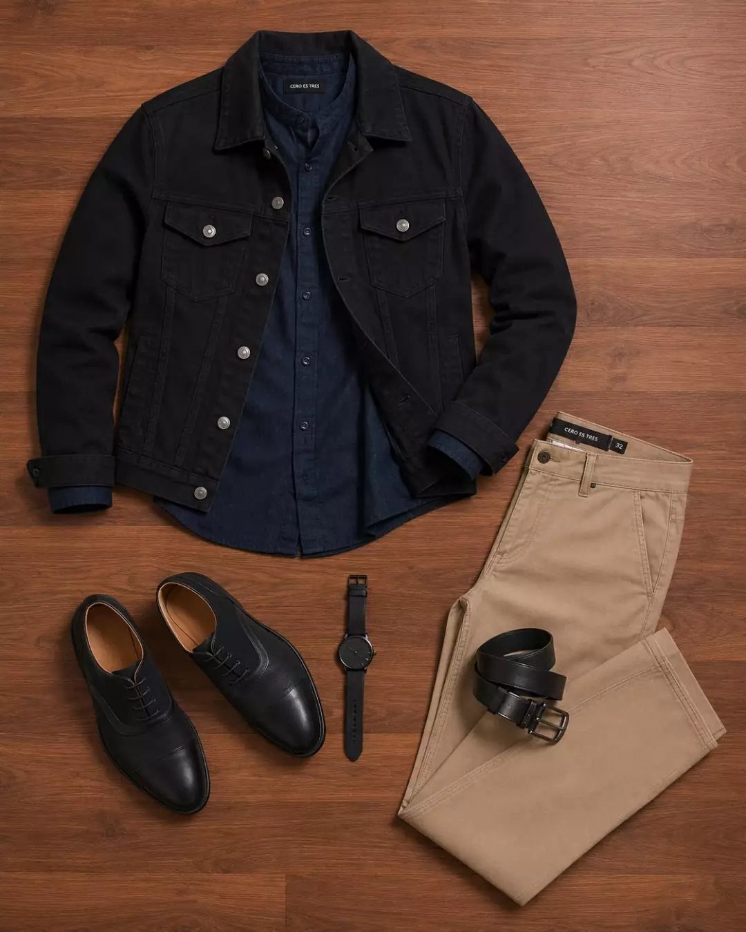 Men's clothing flat lay featuring a dark jacket, navy shirt, khaki pants, and black leather shoes.