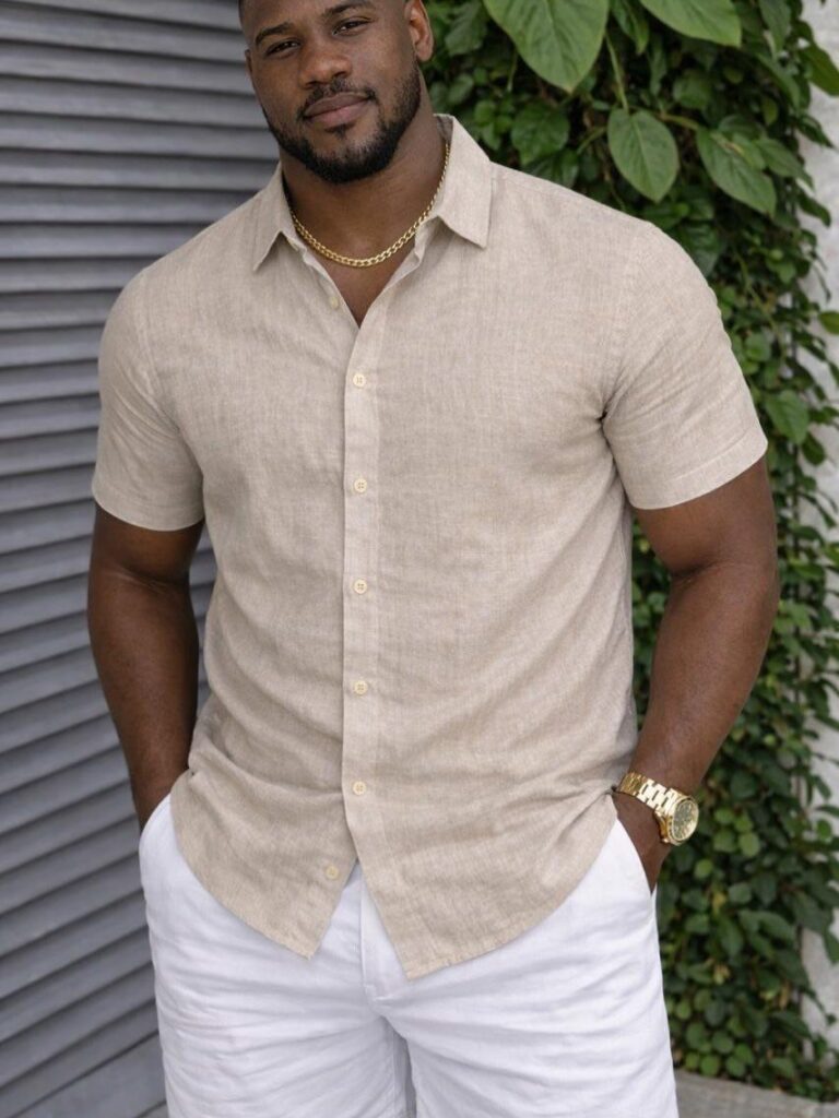 Man in a beige short-sleeve linen shirt and white trousers standing outdoors.