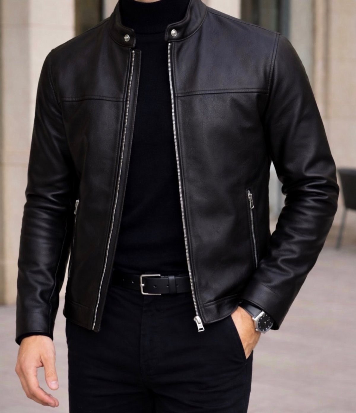 Man wearing a black leather biker jacket, black turtleneck, and black jeans.